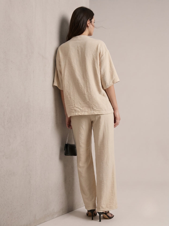 Beige V Neck Blouse With Wide Leg Trousers Co-Ord Set