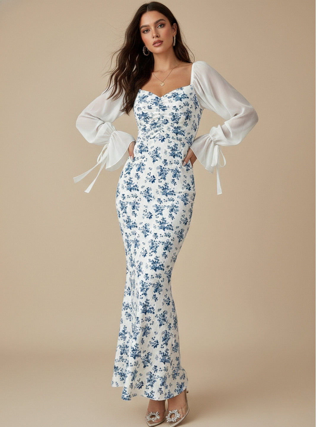 Blue Bishop Sleeve Floral Printed Dress