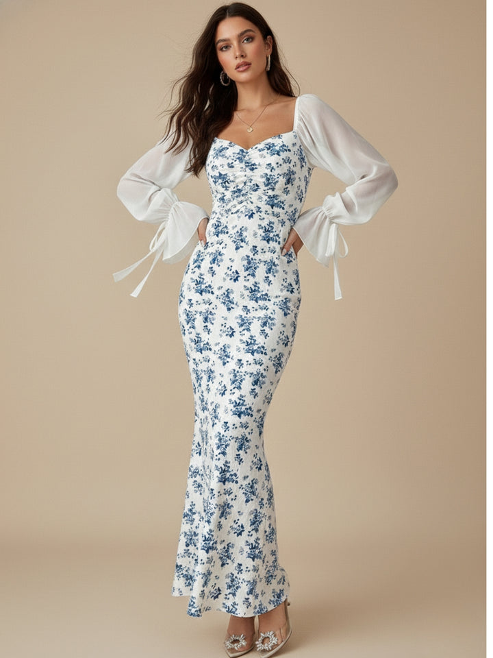 Blue Bishop Sleeve Floral Printed Dress