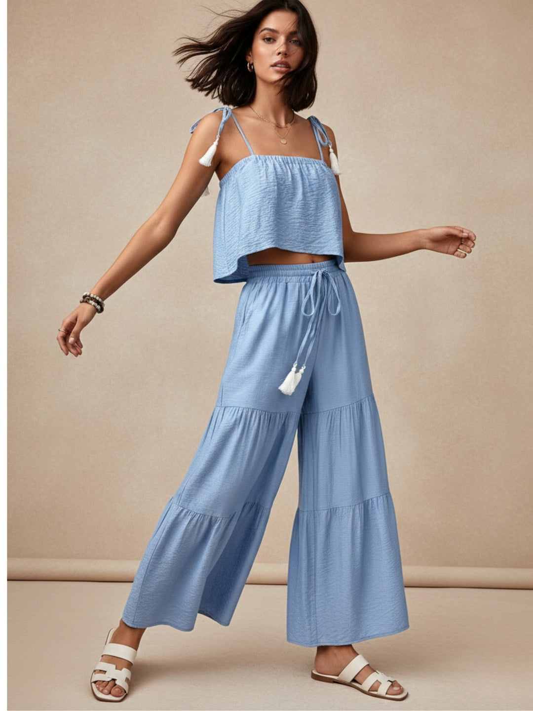 Blue Shoulder Tie-Up Top And Tiered Pant Set