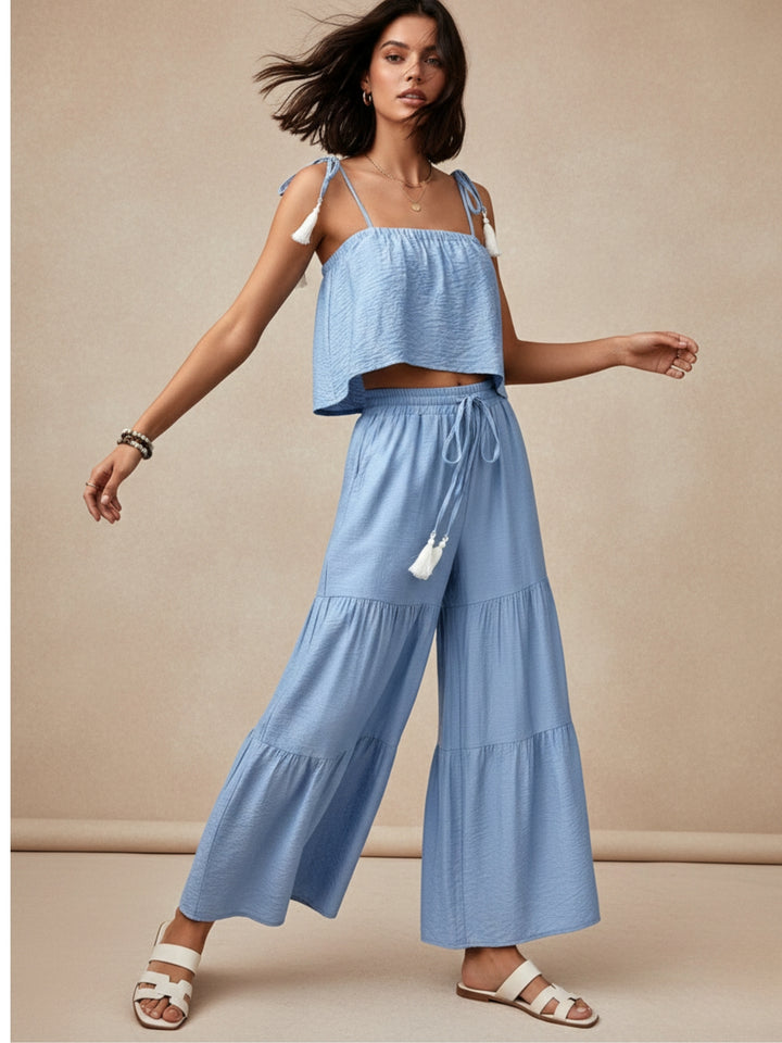 Blue Shoulder Tie-Up Top And Tiered Pant Set