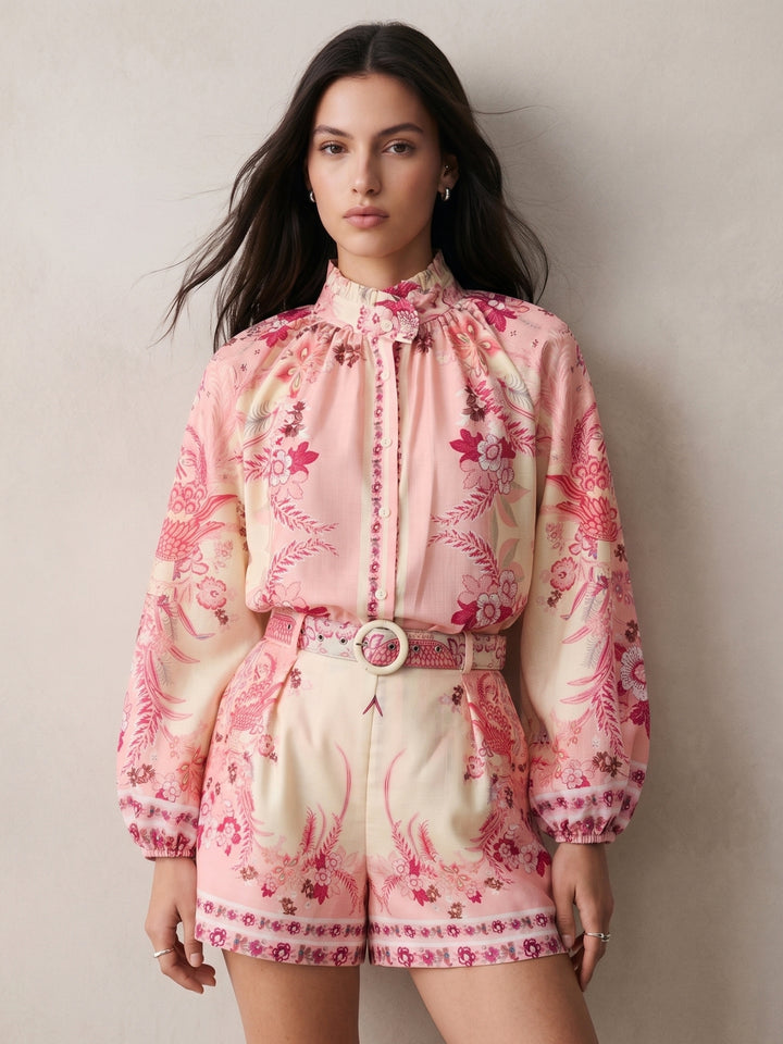 Pink Ruffle Neckline Printed Shirt And Shorts Set With Belts