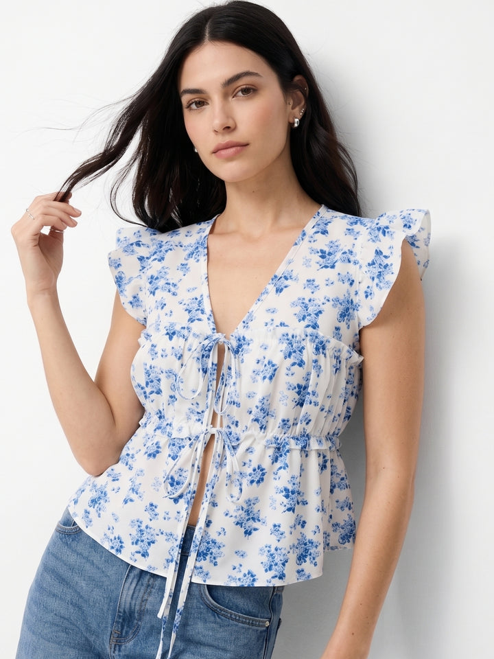 Multi Plunge Neck Printed Blouse