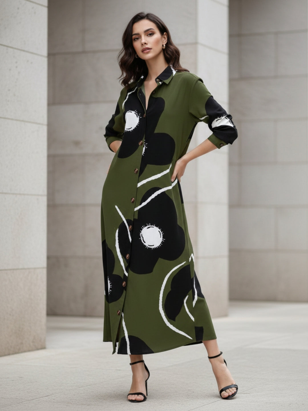 Olive Three- Fourth Sleeve Collared Neck Printed Dress