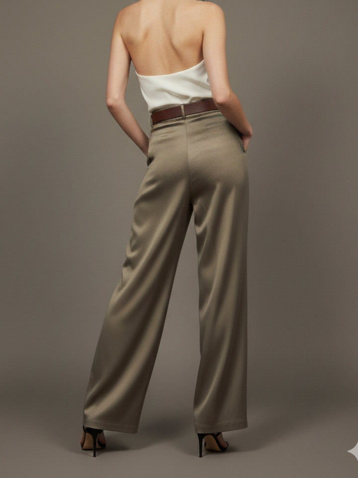 Beige Front Pleated Wide Leg Pant