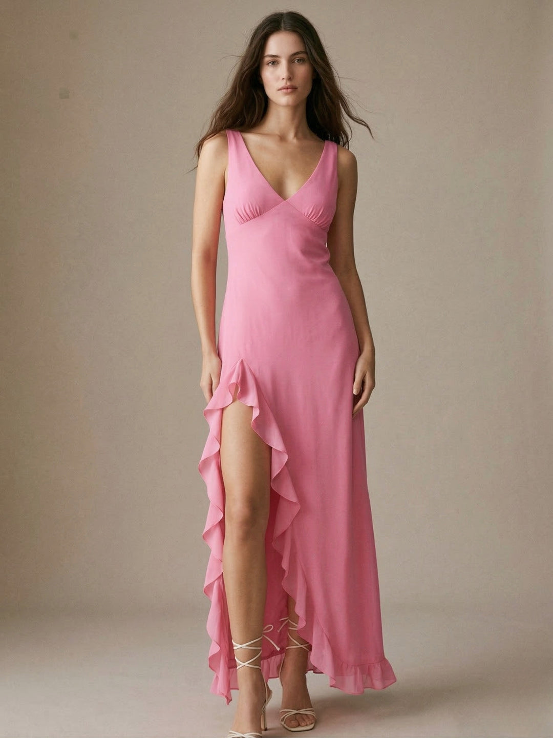 Pink Sleeveless V Neck Ruffle Detail Dress