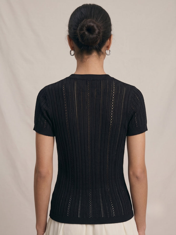 Black Textured Front Buttoned Top
