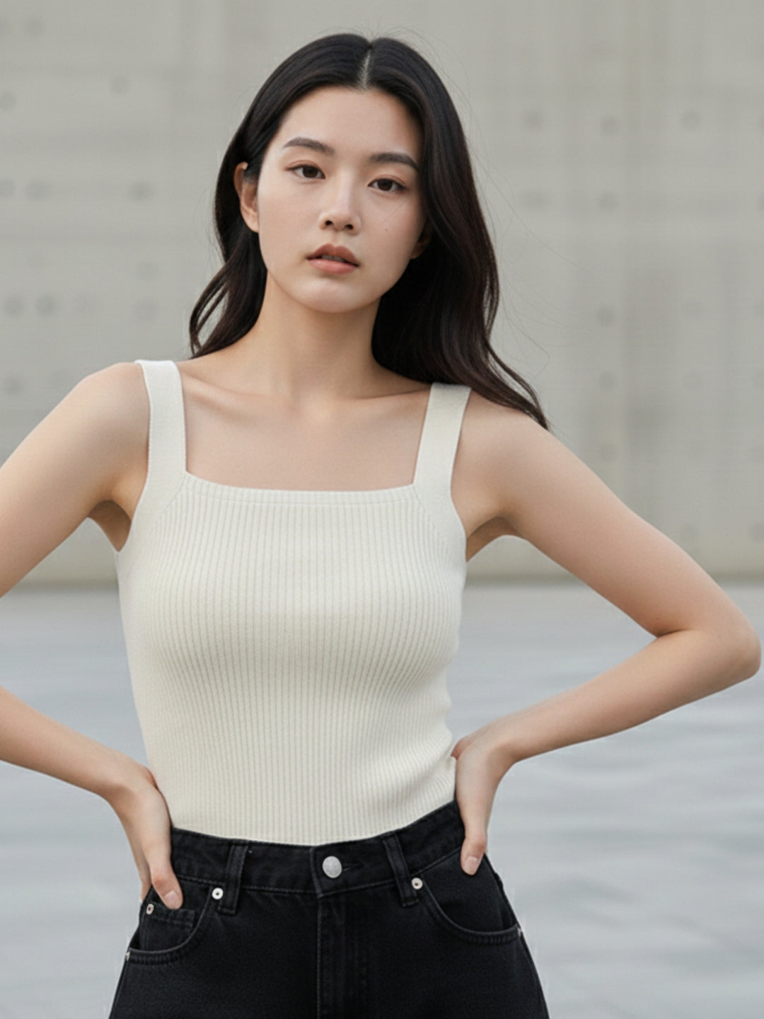 Off White Shoulder Strap Fitted Tank Top
