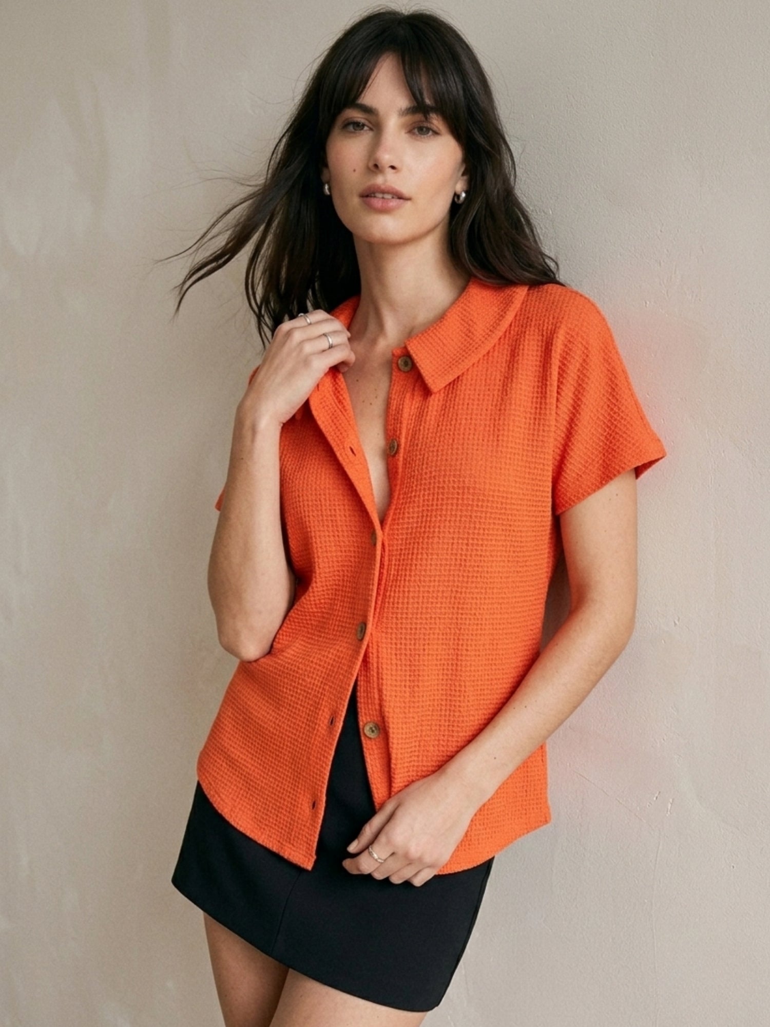 Orange Waffles Textured Polo Button Down Top