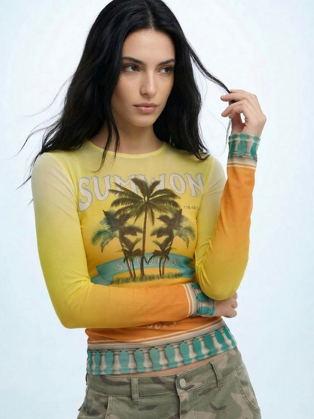 Yellow Printed Full Sleeved Mesh Top