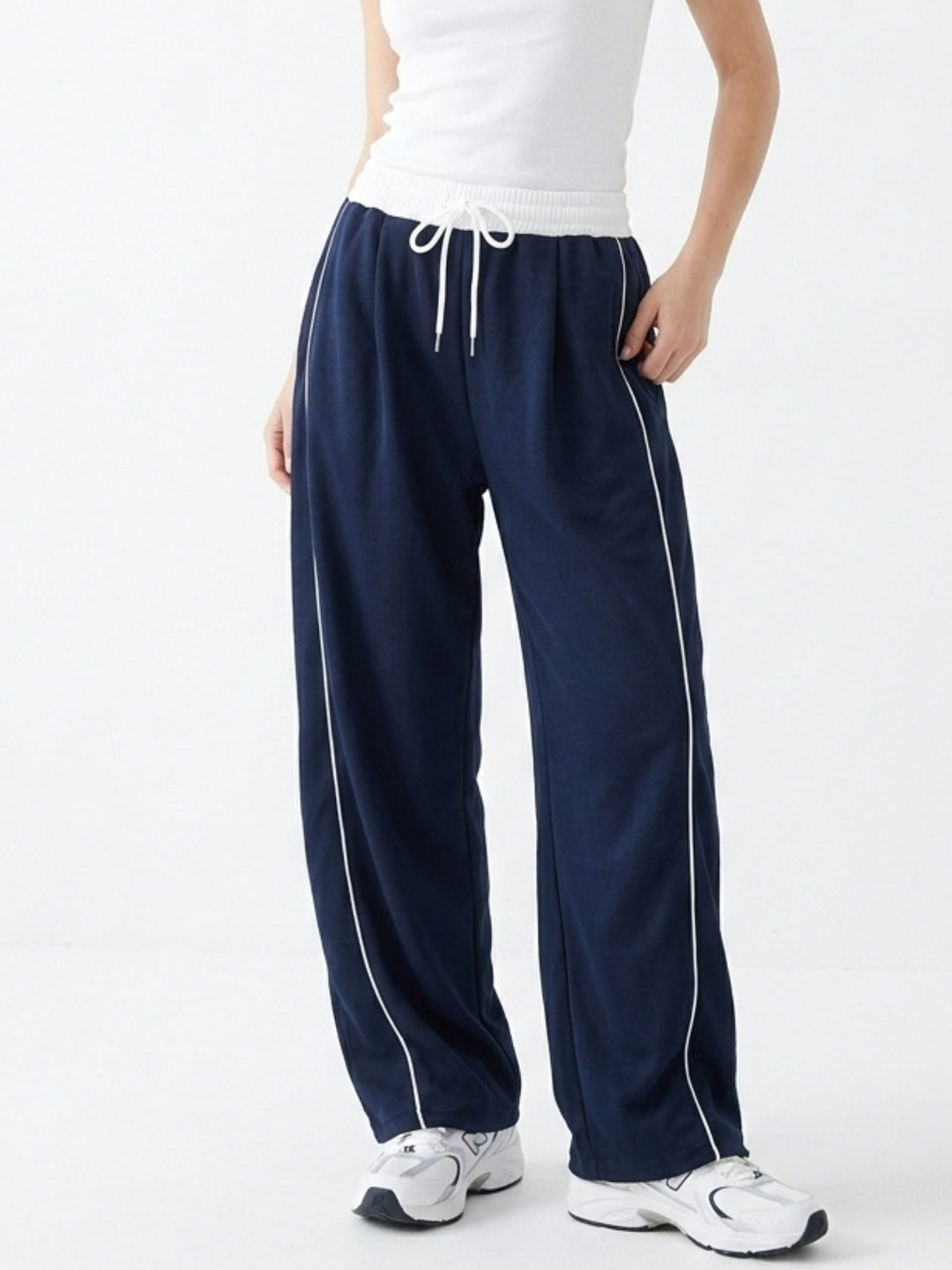 Navy Blue Contrast Waist Wide Leg Pant