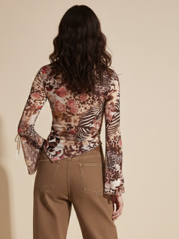 Multi Boat Neck Printed Mesh Top