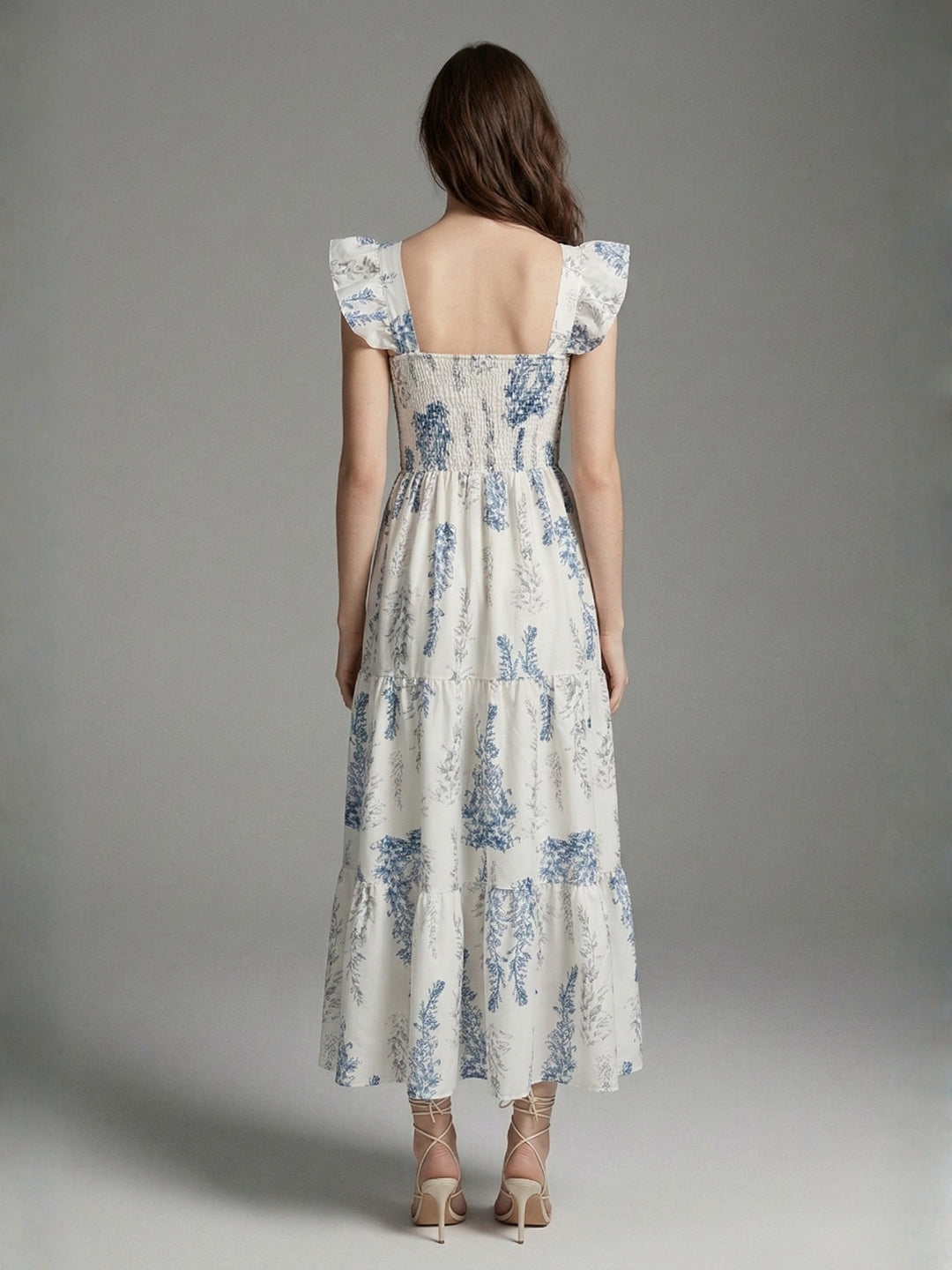 Off White Ruffle Sleeve Tiered Floral Printed Dress