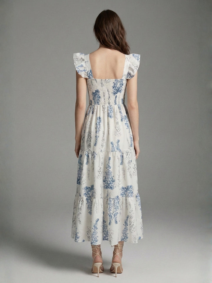 Off White Ruffle Sleeve Tiered Floral Printed Dress