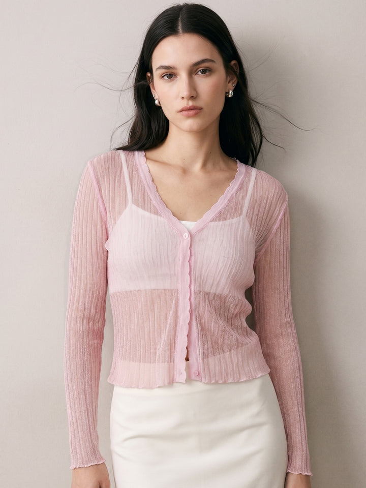 Pink Pointelle Textured Cardigan Styled Top