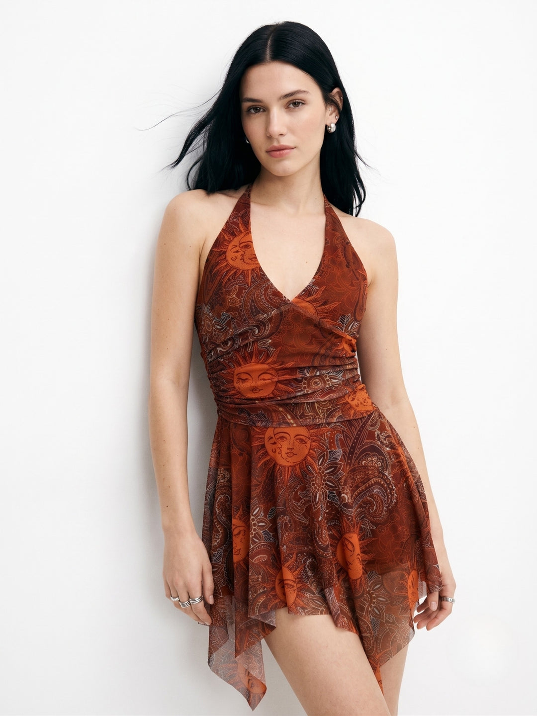 Brown Printed Halter Neck Skater Dress With Asymmetric Hem