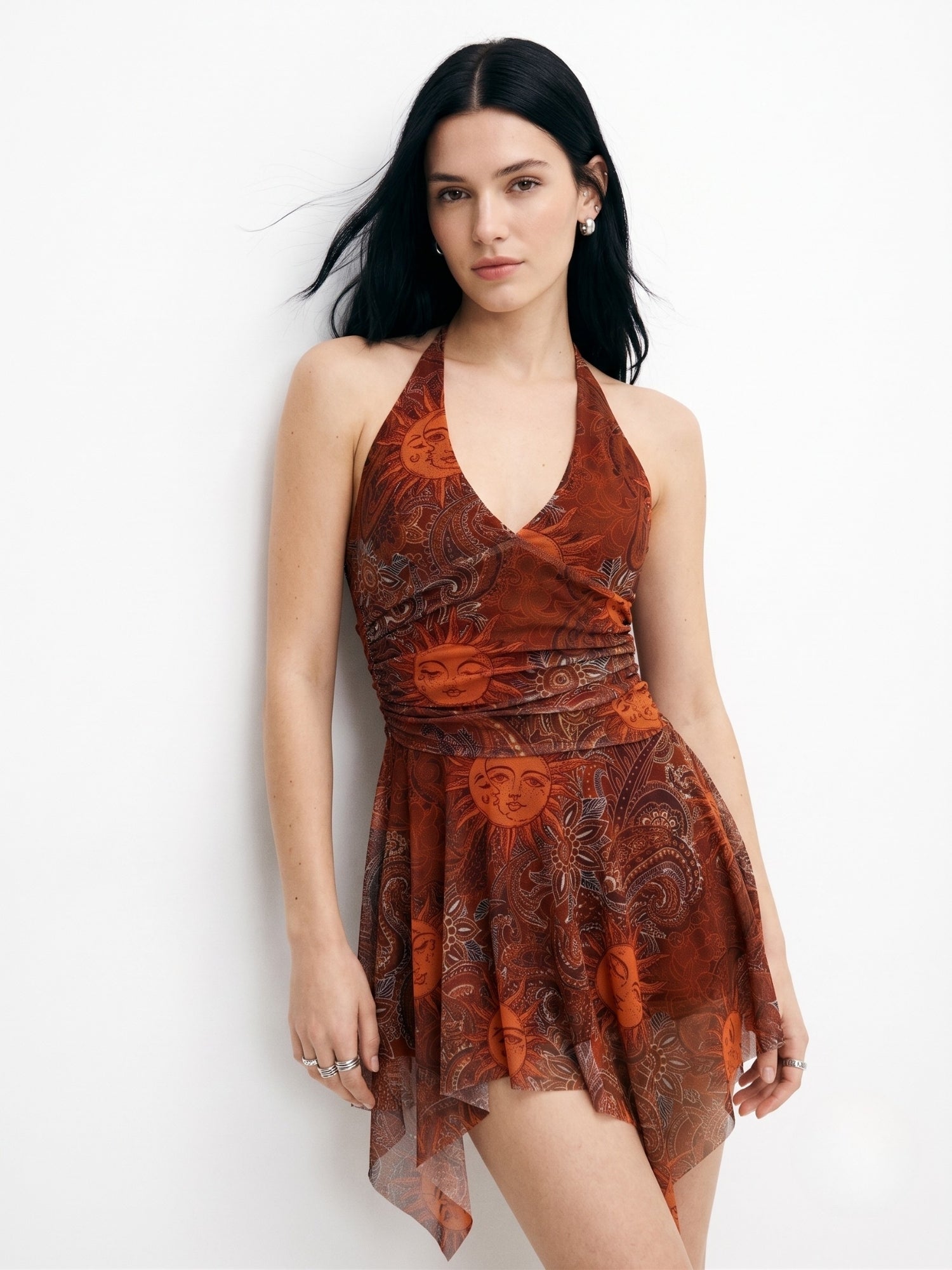 Brown Printed Halter Neck Skater Dress With Asymmetric Hem