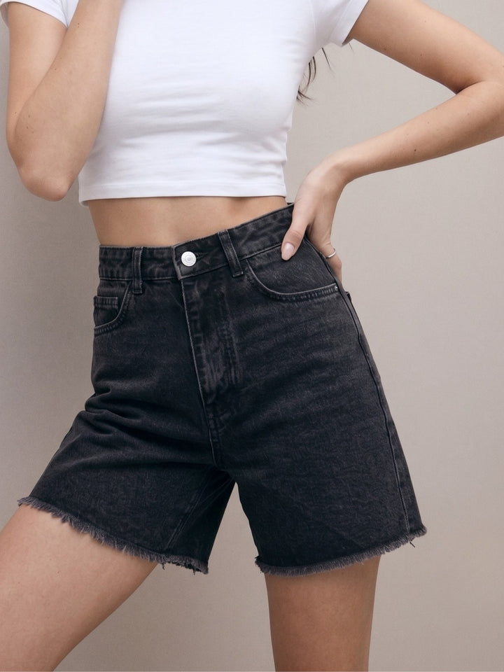 Black Denim Shorts With Freyed Hem