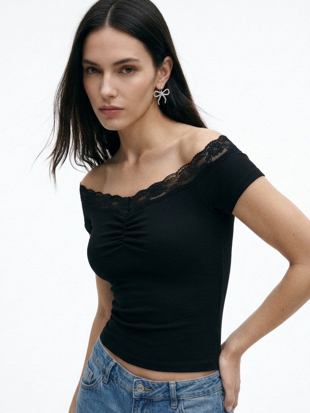 Black Off Shoulder Lace Detail Top
