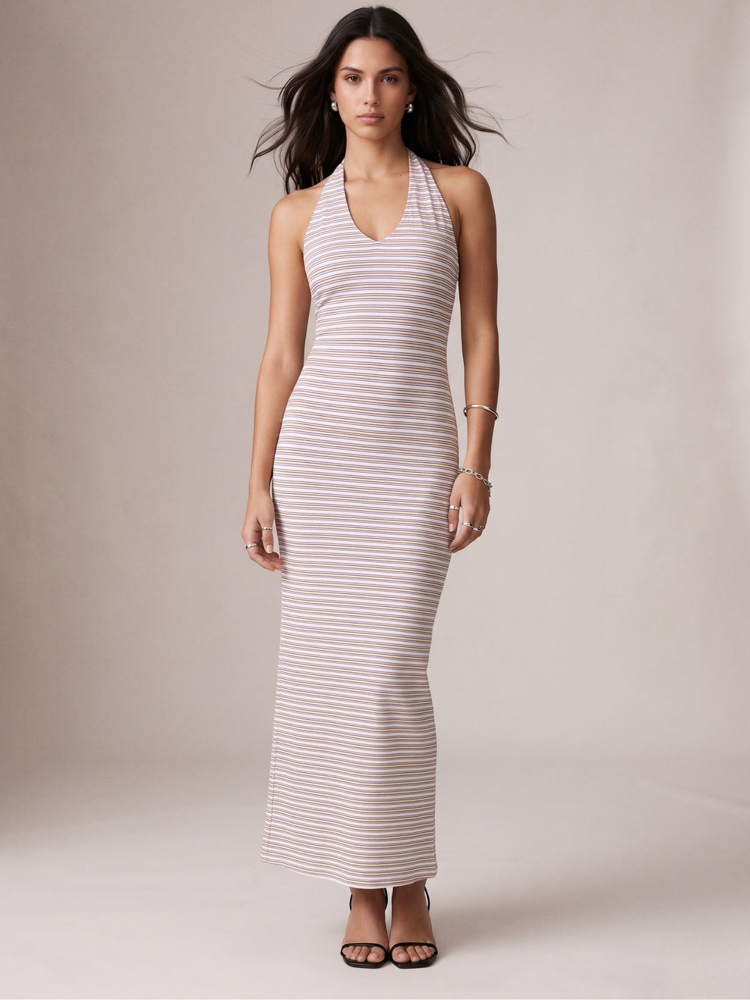 White Halter Neck Striped Dress