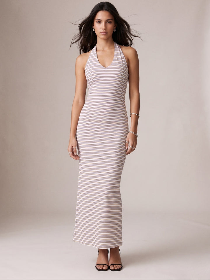 White Halter Neck Striped Dress