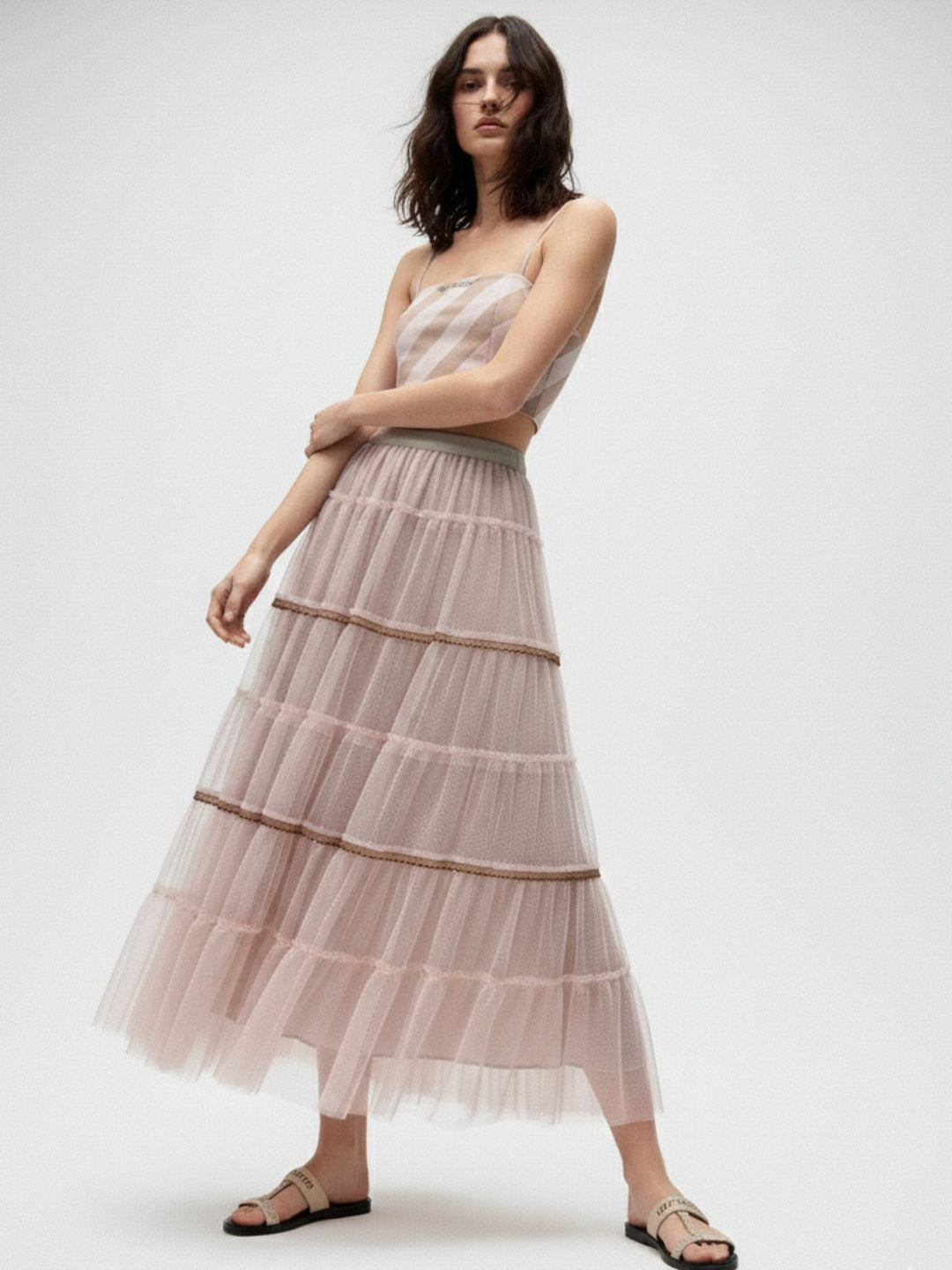 Beige Sheer Tonal Tiered Maxi Skirt