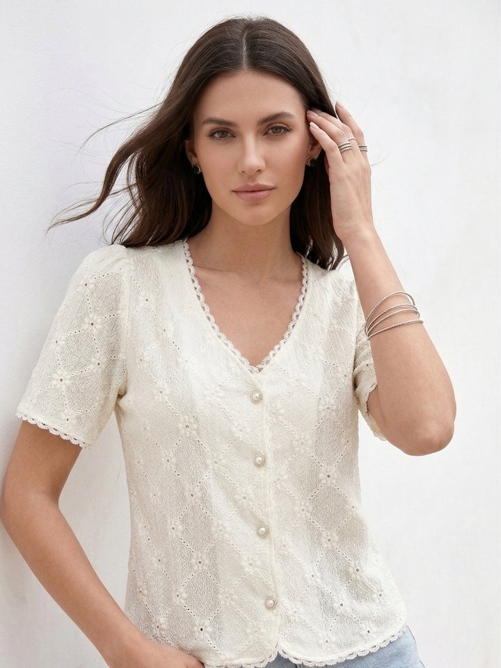 Off White Short Sleeve Lace Detail Front Buttoned Top