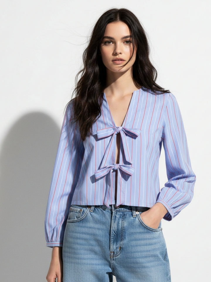 Blue Bishop Sleeve Tie-Up Top