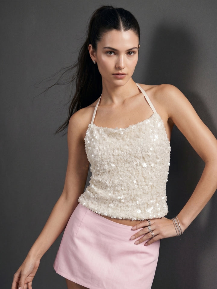 Cream Sequined Halter Neck Top