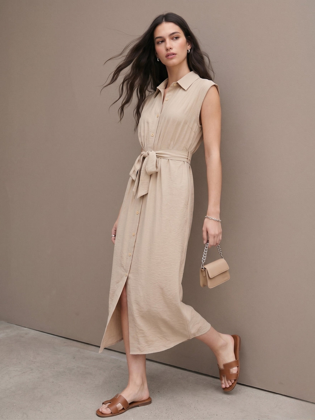 Cream Sleeveless Waist Belted Dress
