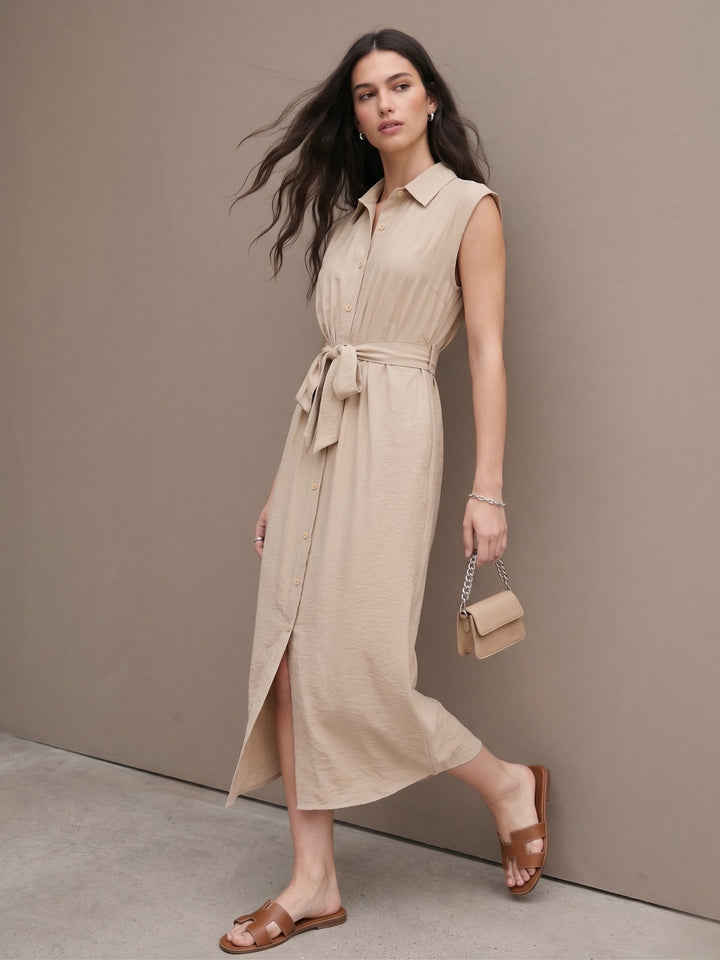 Cream Sleeveless Waist Belted Dress