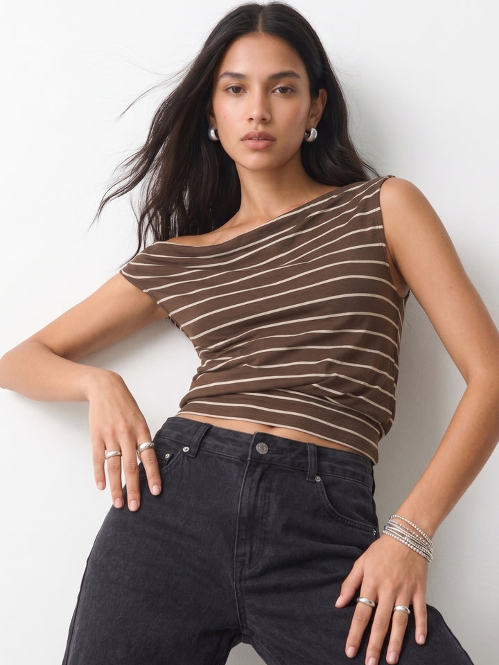 Brown One Shoulder Striped Top