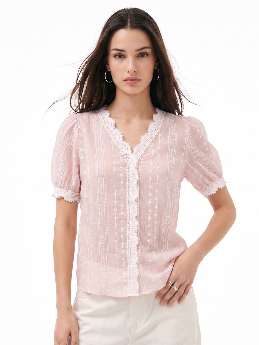 Pink Semi Sheer Lace Edge Top