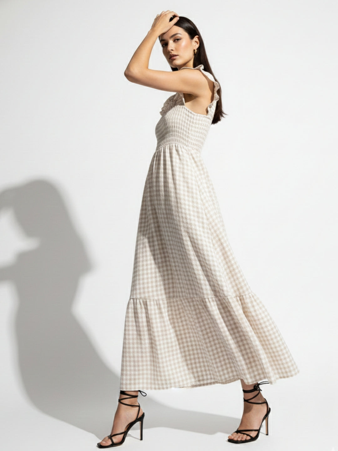 Beige Flutter Sleeved Checkered Dress