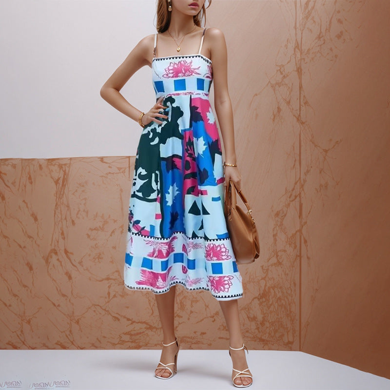 Blue Abstract Print Fit And Flare Maxi Dress