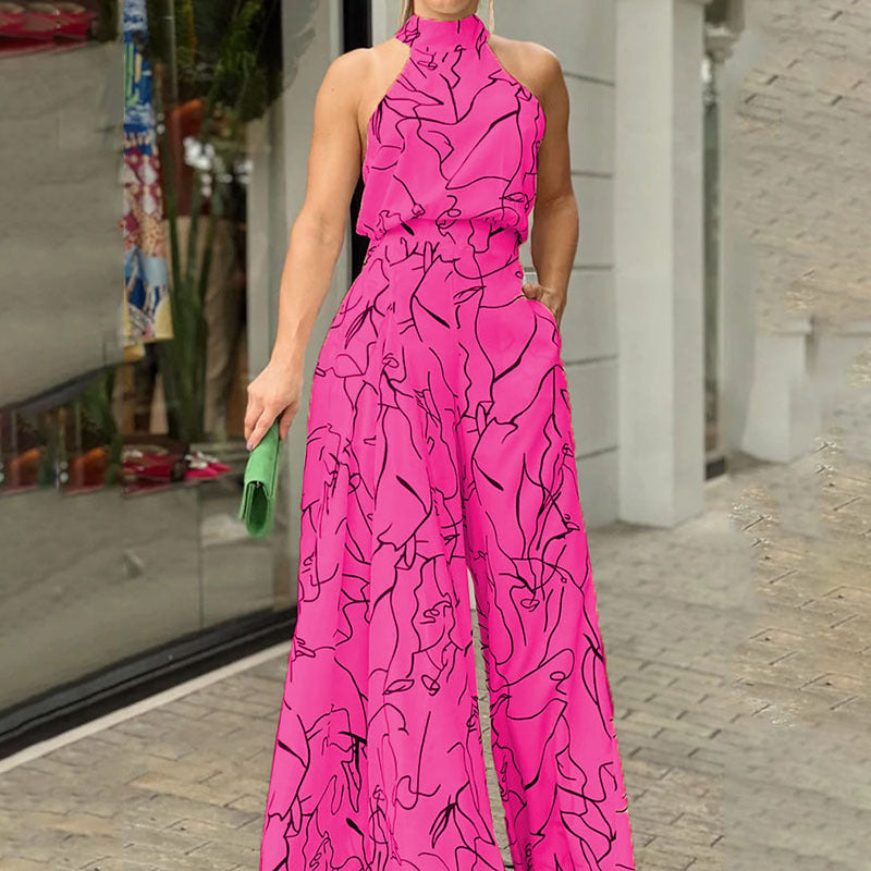 Pink Halter Neck Wide Leg Jumpsuit