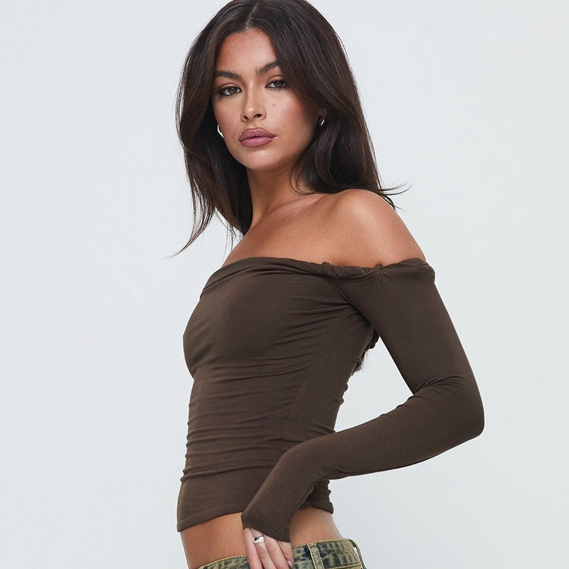 Brown Bardot Fitted Top With Full Sleeves
