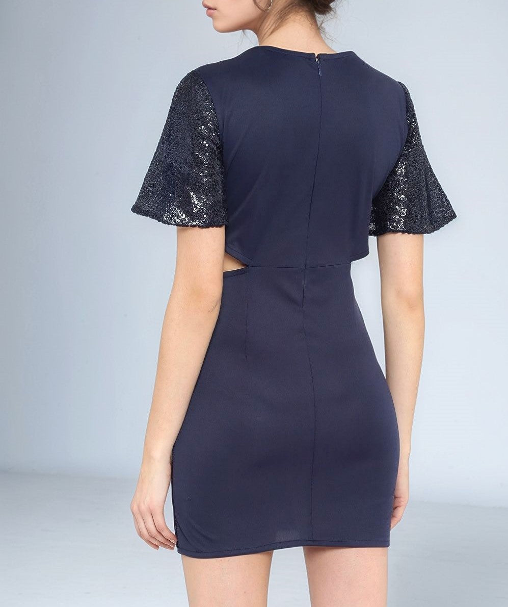 Navy Blue Short Sleeve Sequin Style Dress