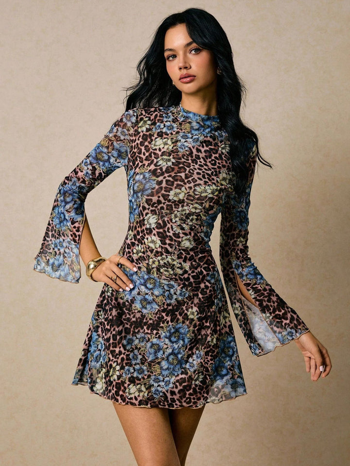 Multi Bell Sleeve High Neck Printed Top