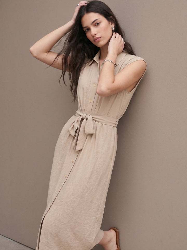 Cream Sleeveless Waist Belted Dress