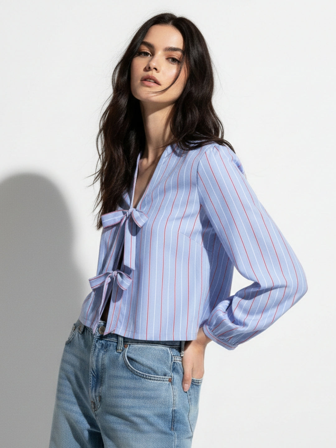 Blue Bishop Sleeve Tie-Up Top