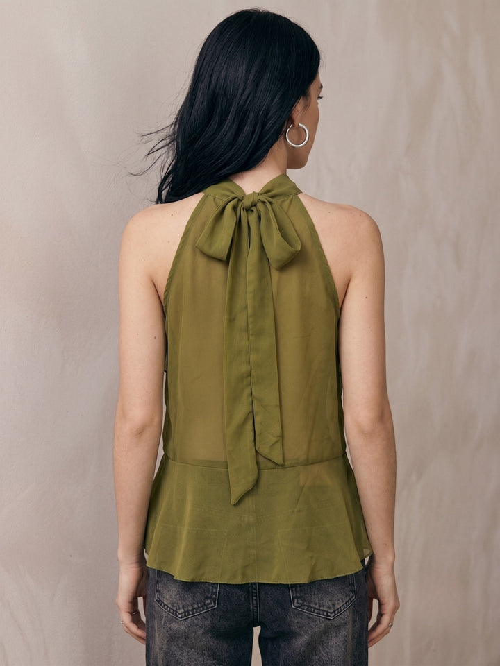 Olive Halter Neck With Ruffles Top