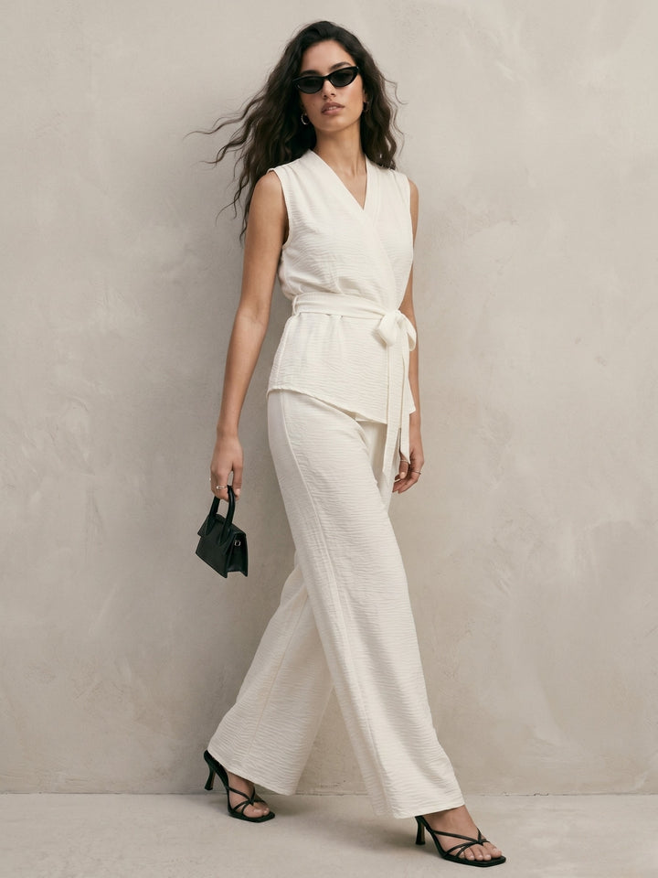 Off White Waist Tie-Up Detail Top And Pant Set
