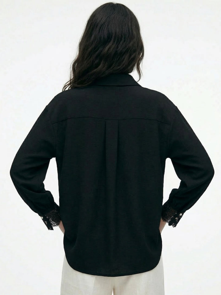 Black Lace Hem Deail Front Buttoned Shirt