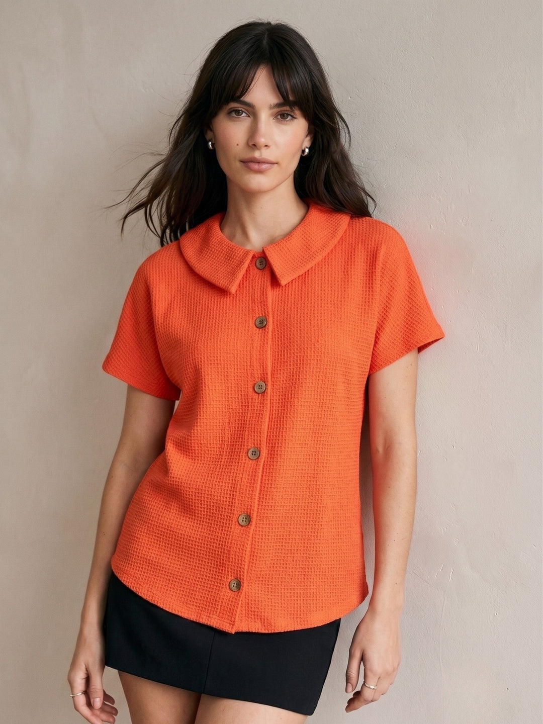Orange Waffles Textured Polo Button Down Top