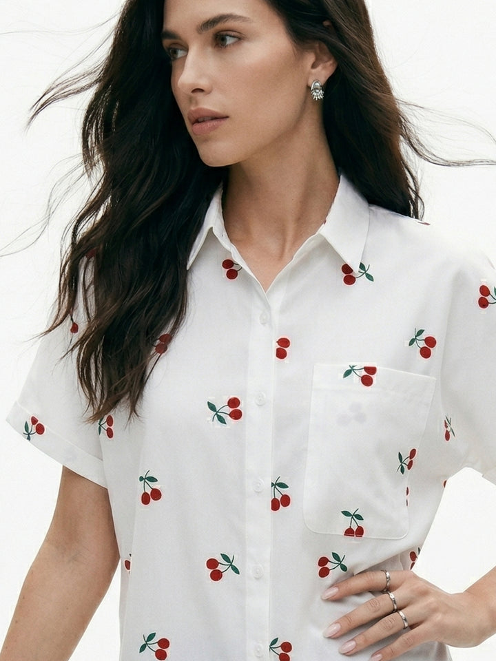 White Cherry Printed Relaxed Shirt
