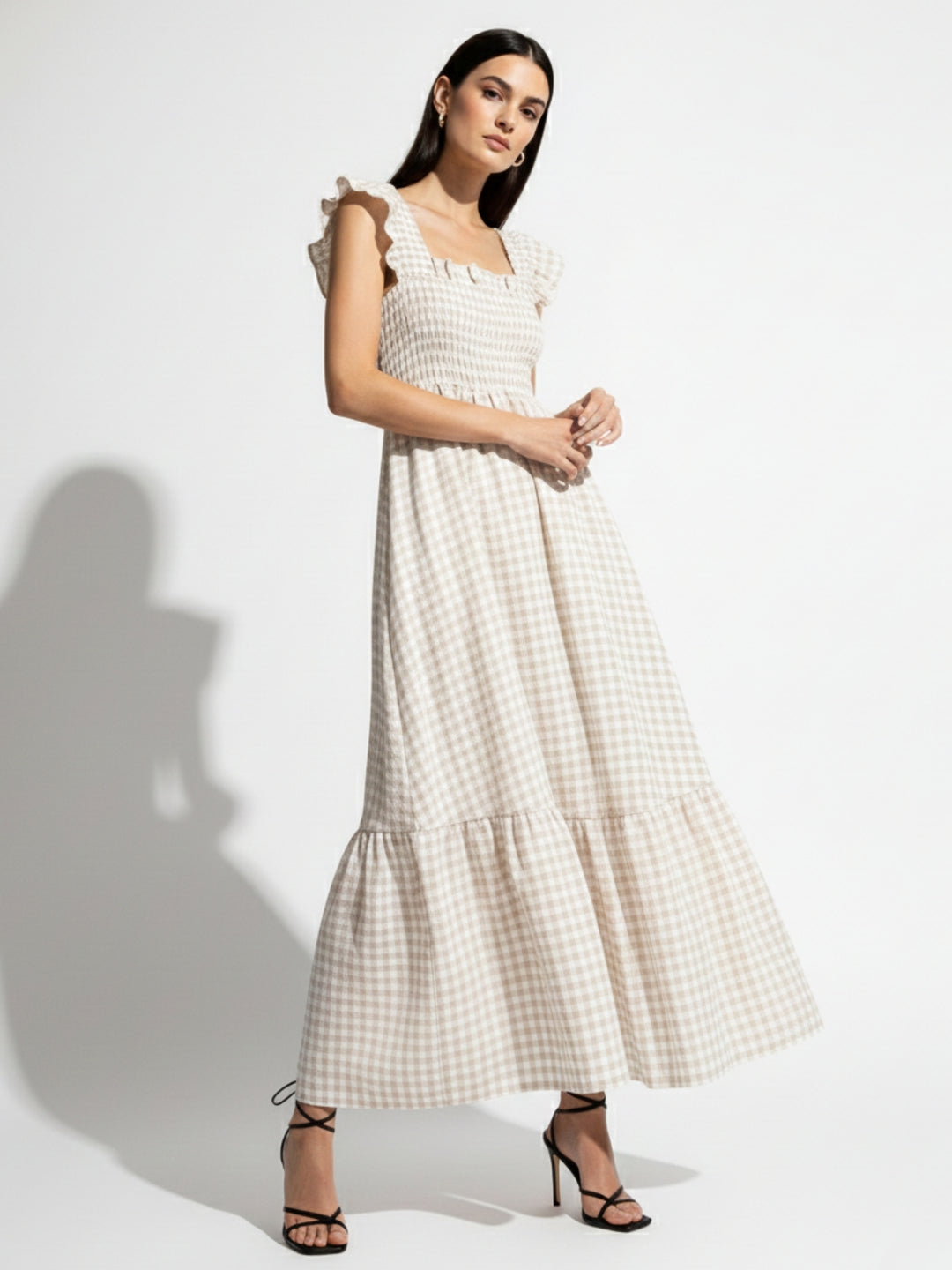 Beige Flutter Sleeved Checkered Dress