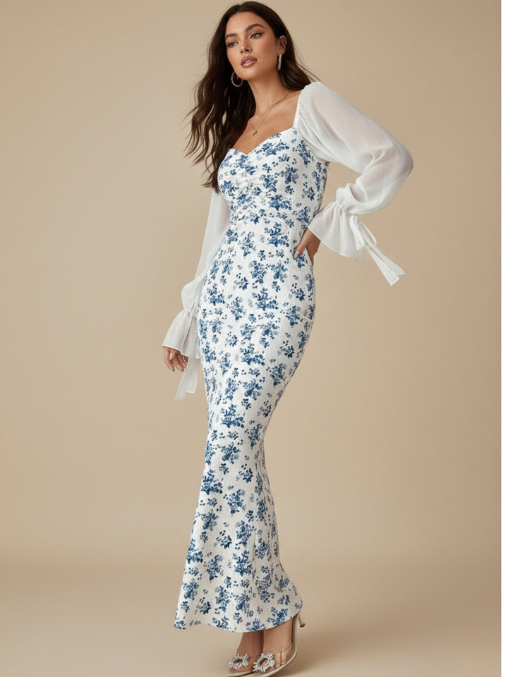 Blue Bishop Sleeve Floral Printed Dress
