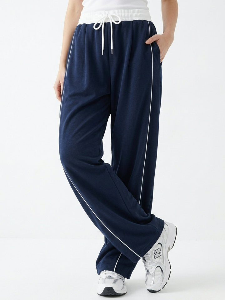 Navy Blue Contrast Waist Wide Leg Pant
