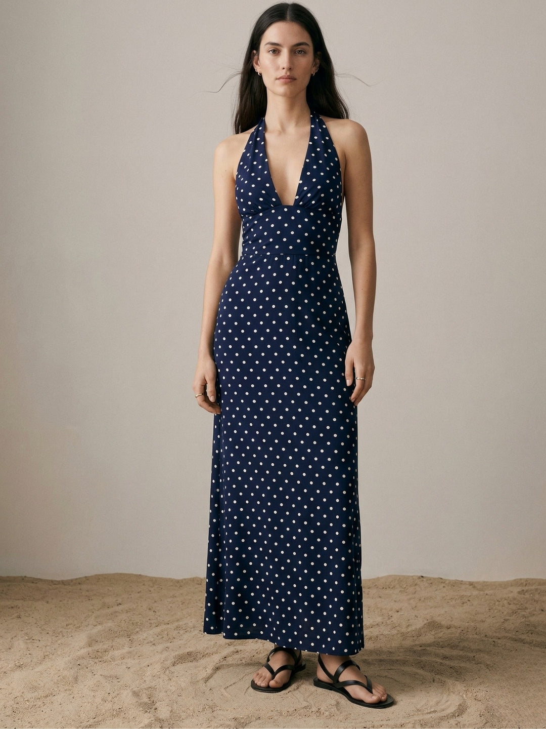 Navy Blue Polka Dotted Halter Neck Maxi Dress